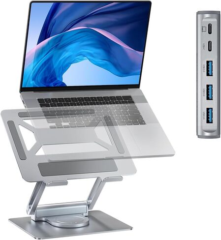 قاعدة شحن للكمبيوتر المحمول ZenRich USB C من الألومنيوم لأجهزة MacBook Pro/Air/Dell/HP/Lenovo مع رافعة مريحة وقابلة للتعديل مع محور 5 في 1 (3 USB 3.0) لأجهزة الكمبيوتر المحمولة/الأجهزة اللوحية مقاس 7-17 بوصة، فضي in Kuwait
