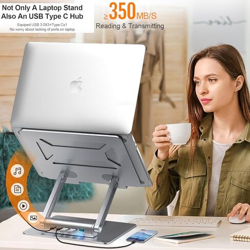 قاعدة شحن للكمبيوتر المحمول ZenRich USB C من الألومنيوم لأجهزة MacBook Pro/Air/Dell/HP/Lenovo مع رافعة مريحة وقابلة للتعديل مع محور 5 في 1 (3 USB 3.0) لأجهزة الكمبيوتر المحمولة/الأجهزة اللوحية مقاس 7-17 بوصة، فضي in Kuwait
