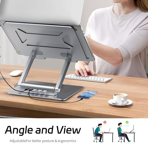 قاعدة شحن للكمبيوتر المحمول ZenRich USB C من الألومنيوم لأجهزة MacBook Pro/Air/Dell/HP/Lenovo مع رافعة مريحة وقابلة للتعديل مع محور 5 في 1 (3 USB 3.0) لأجهزة الكمبيوتر المحمولة/الأجهزة اللوحية مقاس 7-17 بوصة، فضي in Kuwait