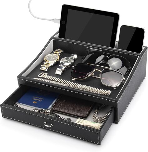 Baoyun Gifts for Dad Nightstand Organizer, Mens Jewelry Box Organizer, Mens Dresser Organizer Countertop, Large Capacity Leather Valet Tray for Phones Pad Wallet Key Birthday Gifts for Men in Saudi Arabia