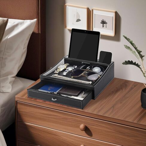 Baoyun Gifts for Dad Nightstand Organizer, Mens Jewelry Box Organizer, Mens Dresser Organizer Countertop, Large Capacity Leather Valet Tray for Phones Pad Wallet Key Birthday Gifts for Men in Saudi Arabia