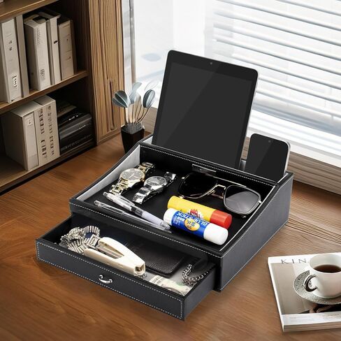 Baoyun Gifts for Dad Nightstand Organizer, Mens Jewelry Box Organizer, Mens Dresser Organizer Countertop, Large Capacity Leather Valet Tray for Phones Pad Wallet Key Birthday Gifts for Men in Saudi Arabia