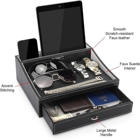 Baoyun Gifts for Dad Nightstand Organizer, Mens Jewelry Box Organizer, Mens Dresser Organizer Countertop, Large Capacity Leather Valet Tray for Phones Pad Wallet Key Birthday Gifts for Men in Saudi Arabia