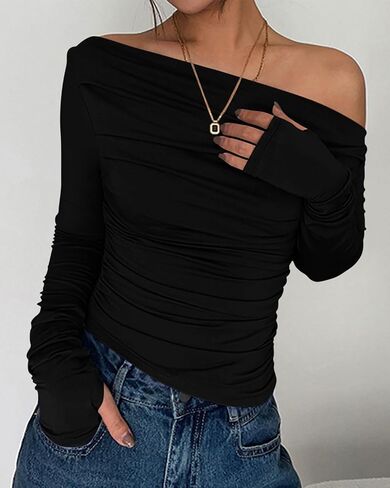 Zenlonr Women's Casual Long Sleeve Shirts 2024 Slim Fit Off Shoulder Going Out Crop Tops Y2K Tight T Shirts in Saudi Arabia
