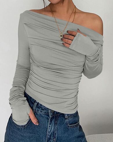 Zenlonr Women's Casual Long Sleeve Shirts 2024 Slim Fit Off Shoulder Going Out Crop Tops Y2K Tight T Shirts in Saudi Arabia