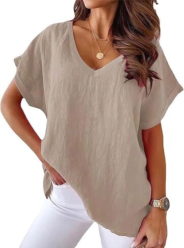 Women Cotton Linen Tops Causal Summer Short Sleeve Oversized T Shirts V Neck Loose Blouses in Saudi Arabia