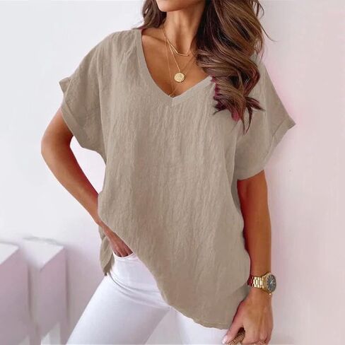 Women Cotton Linen Tops Causal Summer Short Sleeve Oversized T Shirts V Neck Loose Blouses in Saudi Arabia