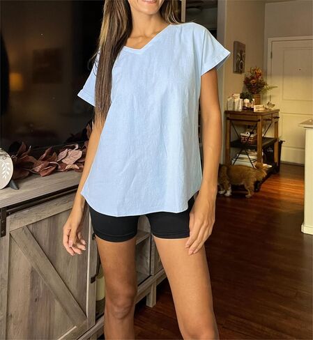 Women Cotton Linen Tops Causal Summer Short Sleeve Oversized T Shirts V Neck Loose Blouses in Saudi Arabia