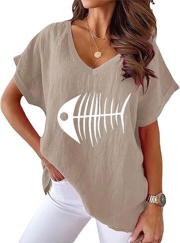 Women Cotton Linen Tops Causal Summer Short Sleeve Oversized T Shirts V Neck Loose Blouses in Saudi Arabia