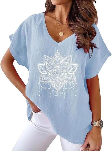 Women Cotton Linen Tops Causal Summer Short Sleeve Oversized T Shirts V Neck Loose Blouses in Saudi Arabia