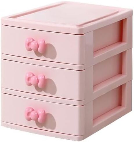 صندوق تخزين ملون جميل للفتيات منظم سطح المكتب لغرفة النوم والحمام صندوق تخزين المجوهرات لتخزين الأشياء الصغيرة (3 طبقات وردي) in Kuwait