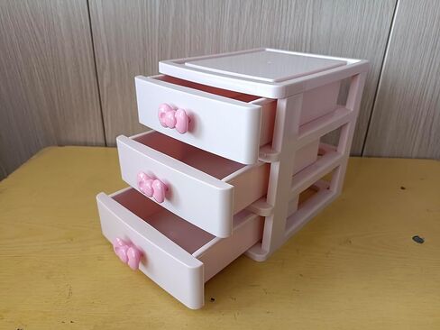 صندوق تخزين ملون جميل للفتيات منظم سطح المكتب لغرفة النوم والحمام صندوق تخزين المجوهرات لتخزين الأشياء الصغيرة (3 طبقات وردي) in Kuwait