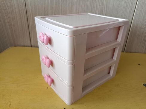 صندوق تخزين ملون جميل للفتيات منظم سطح المكتب لغرفة النوم والحمام صندوق تخزين المجوهرات لتخزين الأشياء الصغيرة (3 طبقات وردي) in Kuwait