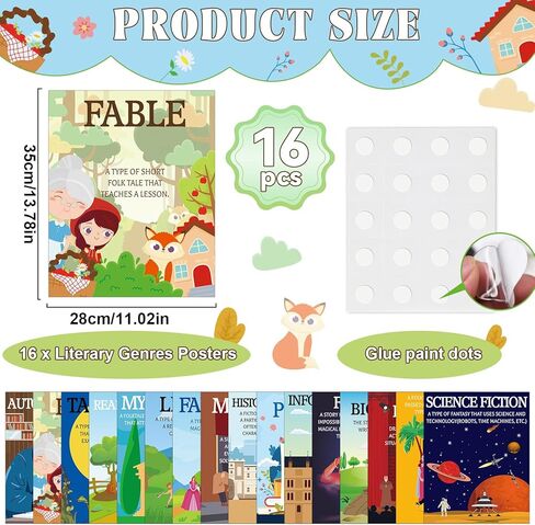 Justforjoyful 16 قطعة من الملصقات الأدبية، مجموعة لوحة الإعلانات، الأدب، قراءة النوع، ملصق جداري، علامات فنية مطبوعة، تزيين الفصول الدراسية لمكتبة المدرسة الابتدائية المتوسطة العالية، اللوازم التعليمية in Kuwait