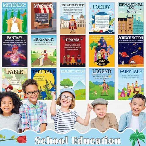 Justforjoyful 16 قطعة من الملصقات الأدبية، مجموعة لوحة الإعلانات، الأدب، قراءة النوع، ملصق جداري، علامات فنية مطبوعة، تزيين الفصول الدراسية لمكتبة المدرسة الابتدائية المتوسطة العالية، اللوازم التعليمية in Kuwait