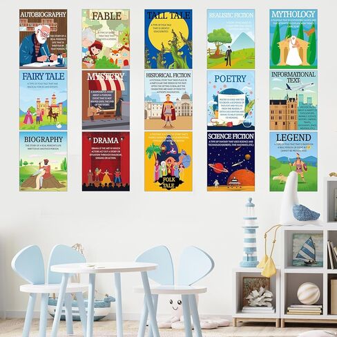 Justforjoyful 16 قطعة من الملصقات الأدبية، مجموعة لوحة الإعلانات، الأدب، قراءة النوع، ملصق جداري، علامات فنية مطبوعة، تزيين الفصول الدراسية لمكتبة المدرسة الابتدائية المتوسطة العالية، اللوازم التعليمية in Kuwait