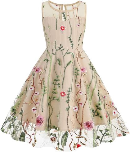 Kids Girls Sleeveless Mesh Floral Embroidery Dress Vintage A-line Cocktail Prom Party Princess Dresses in Saudi Arabia