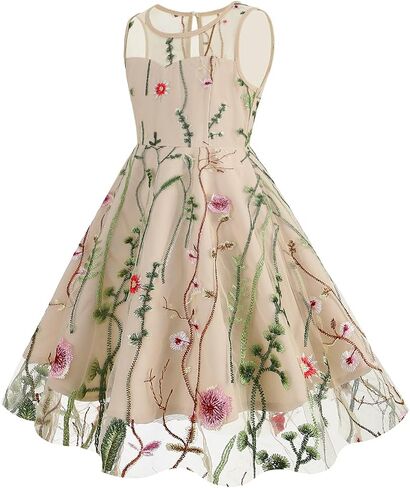 Kids Girls Sleeveless Mesh Floral Embroidery Dress Vintage A-line Cocktail Prom Party Princess Dresses in Saudi Arabia