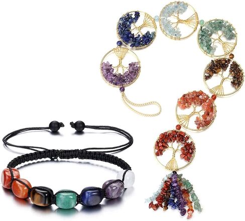 حزمة Top Plaza - عنصران: 7 سوار يوجا من حجر الشاكرا، أساور من الحبال المضفرة من الأحجار الكريمة الطبيعية و7 أحجار شاكرا، بلورات علاجية، زينة شجرة الحياة للتعليق على الحائط in Kuwait