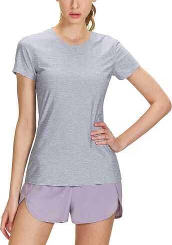 قمصان رياضية نسائية بأكمام قصيرة من TSLA، قميص للجري قابل للتمدد، عامل حماية من الأشعة فوق البنفسجية 50+، رقبة دائرية in Kuwait