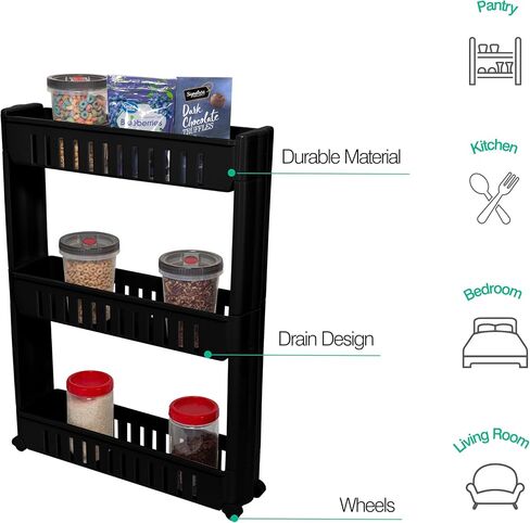 Simplify 3 Tier Slim Slide Out Storage Cart | Multi-Purpose Organization | Rolling | Wheels | Small Space | Laundry Room | Kitchen | Bathroom | Office | Matte Black in Saudi Arabia