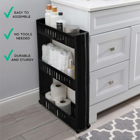 Simplify 3 Tier Slim Slide Out Storage Cart | Multi-Purpose Organization | Rolling | Wheels | Small Space | Laundry Room | Kitchen | Bathroom | Office | Matte Black in Saudi Arabia