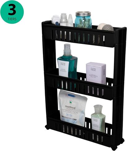 Simplify 3 Tier Slim Slide Out Storage Cart | Multi-Purpose Organization | Rolling | Wheels | Small Space | Laundry Room | Kitchen | Bathroom | Office | Matte Black in Saudi Arabia