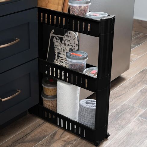 Simplify 3 Tier Slim Slide Out Storage Cart | Multi-Purpose Organization | Rolling | Wheels | Small Space | Laundry Room | Kitchen | Bathroom | Office | Matte Black in Saudi Arabia