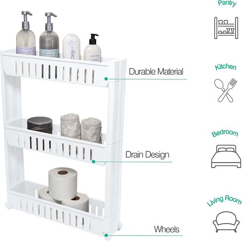 Simplify 3 Tier Slim Slide Out Storage Cart | Multi-Purpose Organization | Rolling | Wheels | Small Space | Laundry Room | Kitchen | Bathroom | Office | Matte Black in Saudi Arabia