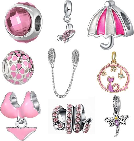 9 Pack Plated Silver Spacer Beads Pink European Charms fit Pandora Bracelet CZ Enamel Safety Chain Set in Saudi Arabia
