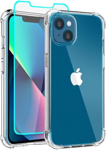Aozuoton for iPhone 13 Case, iPhone 14 Case with Screen Protector, Shockproof Crystal Clear Slim Soft Silicone TPU Protective Phone Cover for iPhone 13/14,Clear in Saudi Arabia