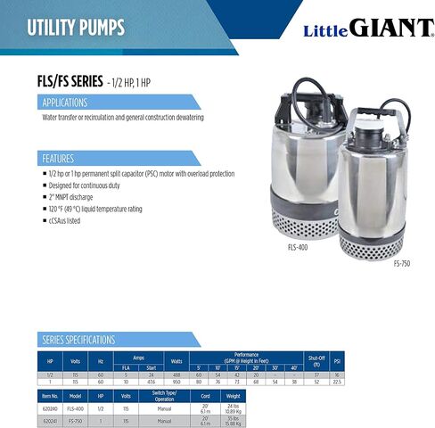 Little Giant FLS-400, 115-Volt, 3600 GPH, 1/2 HP Heavy-Duty Manual Stainless Steel Submersible Utility Pump with 20-Ft. Cord, Steel, 620240 in Kuwait