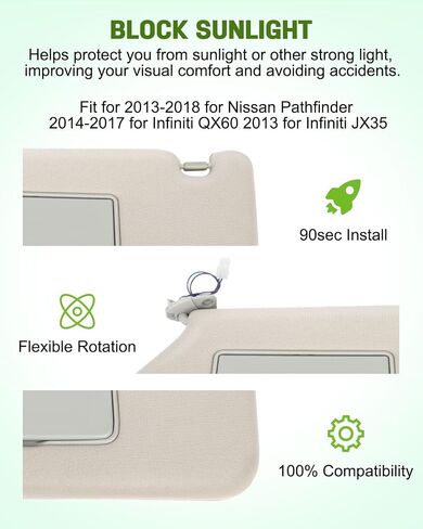 SCITOO Tan Beige Left & Right Interior Sun Visor fit for Nissan Pathfinder 2013-2019 for Infiniti QX60 2014-2017 for Infiniti JX35 2013 with Sunroof (OE:96401-9PB0A,96400-9PB0A) in Saudi Arabia