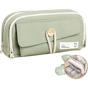 Kawaii Canvas Pen Pouch Bag with Large Capacity and Multi-layered Organization (Green)
