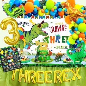Three Rex Birthday Party Decorations Boy, Dinosaur 3rd Birthday Party Supplies with Backdrop, Balloons, Cake Topper & More