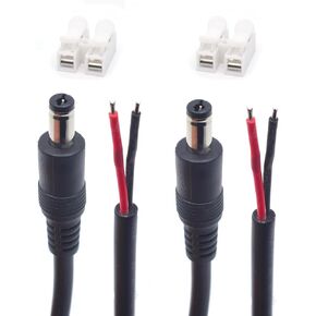 2PCS 18 AWG DC Power 2 Pigtail Wire Cable 0.3M/1FT 12V 2.1mm x 5.5mm Male Barrel Plug to Bare Wire Open End Power Connector DC Supply Repair Cable with Spring Wire Connector for Security Camera