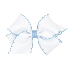 Wee Ones Girls' Grosgrain Hair Bow with Contrasting Moonstitch Edge and Wrap on a WeeStay Hair Clip, Small, White with Millennium Blue