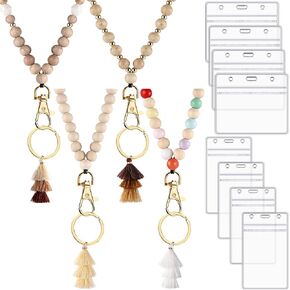 4 Pieces Wood Beaded Teacher Lanyard with 8 Waterproof ID Card Holder for ID Badges and Keys, Cute Necklace Boho Lanyard for Woman Nurses Employees Teacher Appreciation Gifts