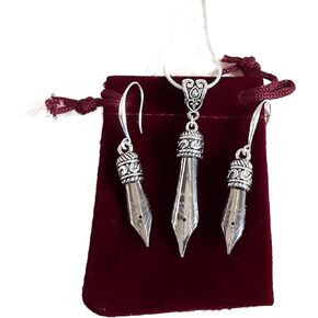 Set of Pen nib Earrings and Necklace with Silver 925 ear wires in Gold or Silver color in a Velvet pouch as a gift for writer, calligrapher (Gold) in Kuwait