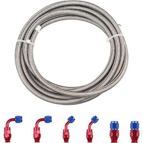 WATERWICH Fuel Line Hose 4AN 1/4" PTFE E85 10FT Fitting Kit Stainless Steel Braided Silver