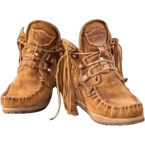Women's Vintage Cowboy Fringed Ankle Boots,Lightweight Comfy Suede High Top Round Toe Hippie Moccasin Short Booties