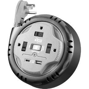 KMC 3-Outlet Surge Twist Cord Reel, USB-C & USB-A Ports, Retractable Power Strip Surge Protector, 735J Surge Protection, 5ft Retractable Extension Cord, 3-Prong Flat Plug, UL/ETL Certified, Gray