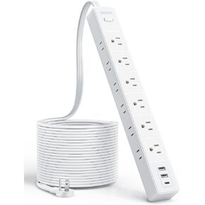 Flat Heavy Duty Extension Cord 15 FT, 1875W 15A NTONPOWER Long Surge Protector Power Strip with 12 AC Widely Outlets 3 USB Ports, 1080J, On-Off Switch, Mountable for Home Office Garage Workshop School