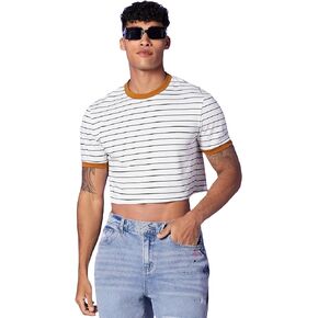 Floerns Men's Striped Print Short Sleeve Contrast Binding T Shirt Crop Top