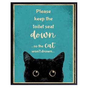 Put The Toilet Seat Down Sign - Cat Bathroom Decor - Bath Wall Decor - Funny Bathroom Wall Art - Blue Bathroom Decorations for Women, Kitty, Kitten Fan - Powder Room - Restroom Sign - Guest Bathroom