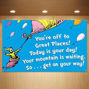 Sunwer Oh The Places You'll Go Photo Booth Backdrop Dr. Seuss التخرج موضوع السفر ديكور الحفلات ديكور الحائط للتعليق على الخلفية (5.9 × 3.6 قدم)