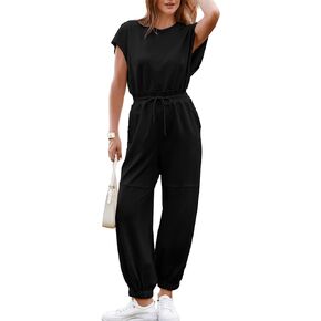 Simplee Women's Short Sleeve Casual Jumpsuit Loose Fit Open Back Summer Onesie Atheletic Jumpsuit with Pockets