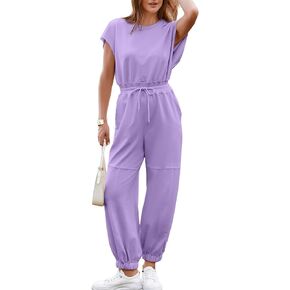 Simplee Women's Short Sleeve Casual Jumpsuit Loose Fit Open Back Summer Onesie Atheletic Jumpsuit with Pockets in Kuwait