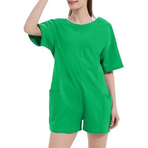 Flygo Women's Romper Short Sleeve Tee Rompers Crewneck Jumpsuit Back V Neck Casual Hot Shot One Piece Outfits with Pockets