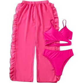 Milumia Girl's 3 Piece Crisscross Swimsuits Spaghetti Strap High Waist Bikini Set with Beach Pants